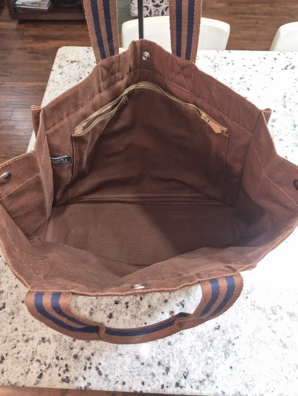 Hermès Fourre Tout GM Canvas Tote Bag Brown Navy Blue Striped Vintage - Picture 10 of 15
